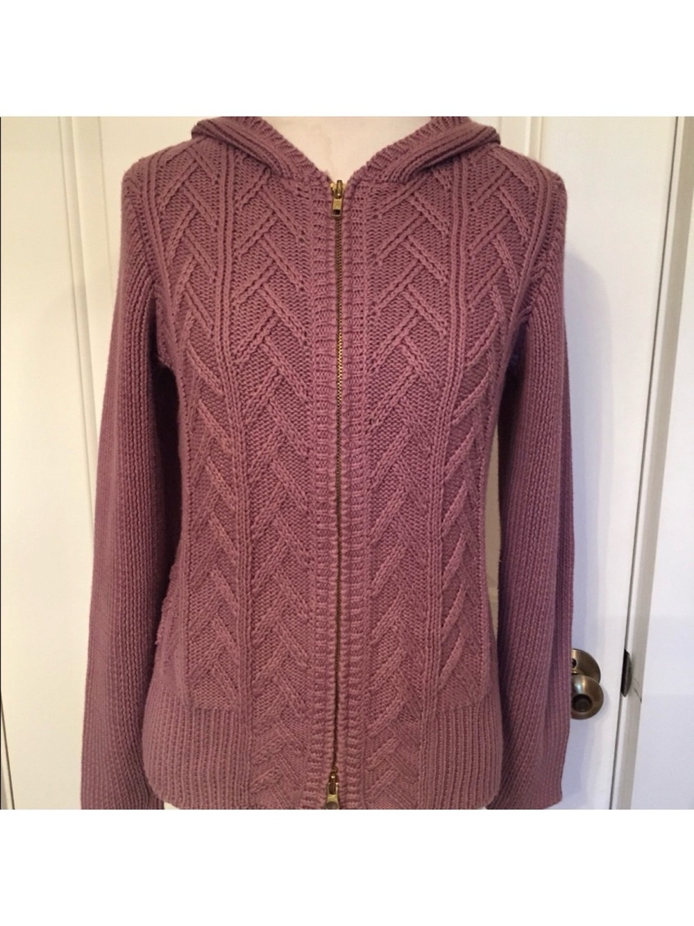 WORTH SWEATER HOODED ZIP CARDIGAN PALE PURPLE CABLE LONG SLEEVE Size P=S